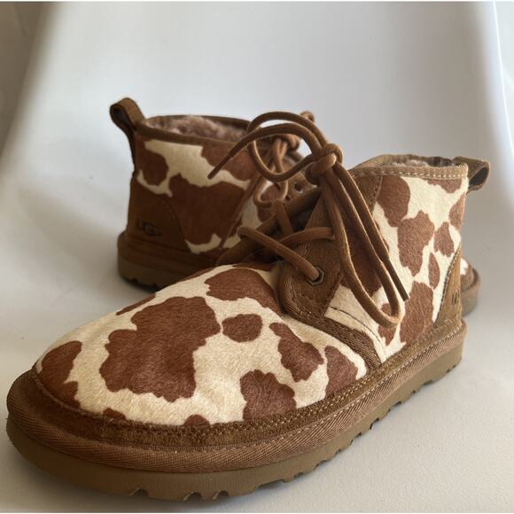 UGG NEUMEL Cow Print Boots Chukka ANKLE Chestnut & White Women's 8 - Picture 1 of 15
